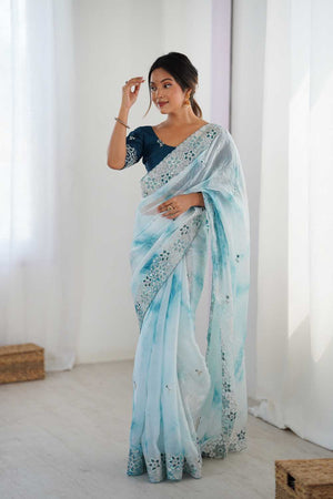Sky Blue Embroidered Tissue Saree