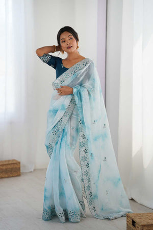 Sky Blue Embroidered Tissue Saree