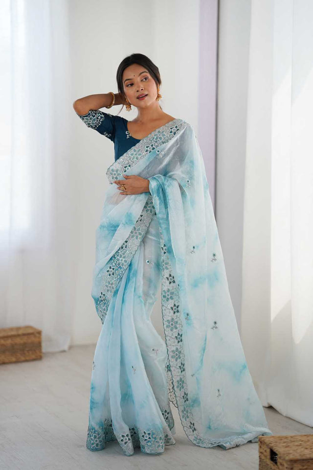 Sky Blue Embroidered Tissue Saree
