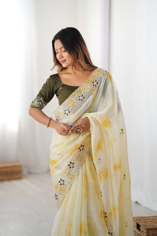 Yellow Embroidered Tissue Saree