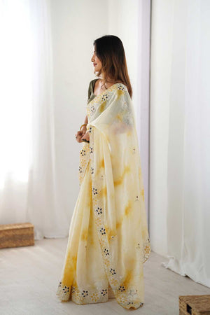 Yellow Embroidered Tissue Saree