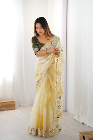 Yellow Embroidered Tissue Saree