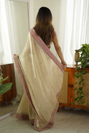 Beige Embroidered Tissue Saree