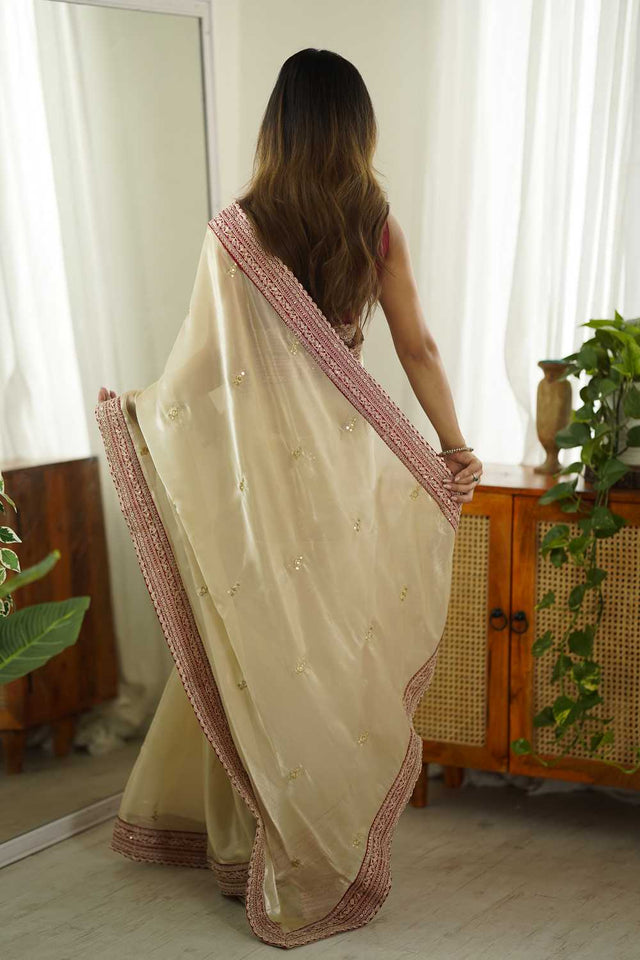 Beige Embroidered Tissue Saree