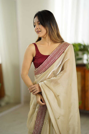 Beige Embroidered Tissue Saree