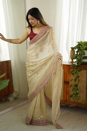 Beige Embroidered Tissue Saree
