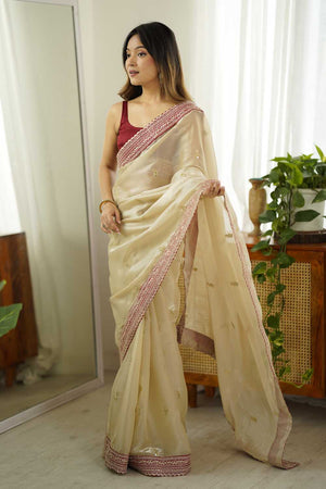 Beige Embroidered Tissue Saree