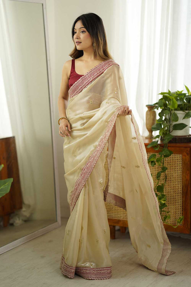 Beige Embroidered Tissue Saree