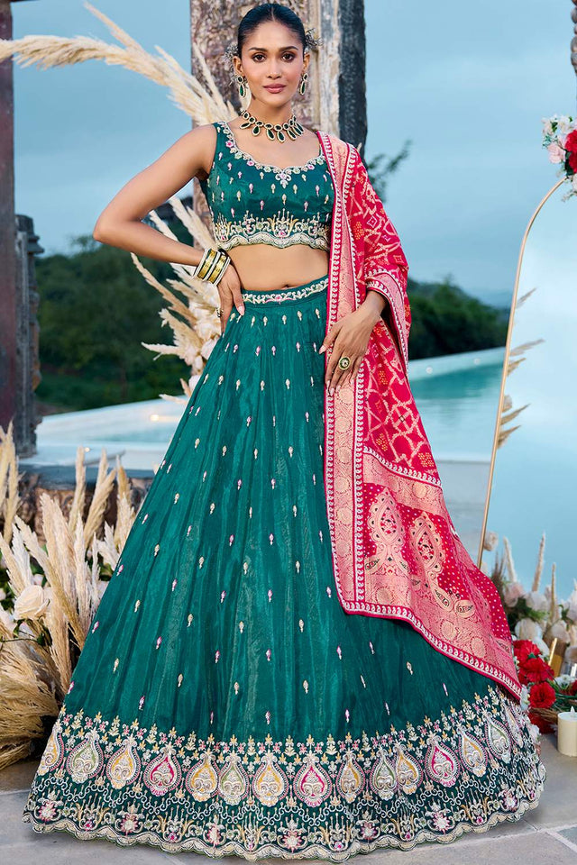 Turquoise Floral Embroidered Silk Lehenga