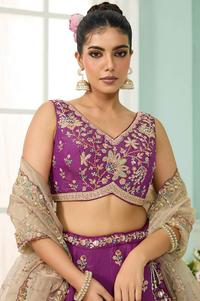 Purple Floral Embroidered Georgette Lehenga