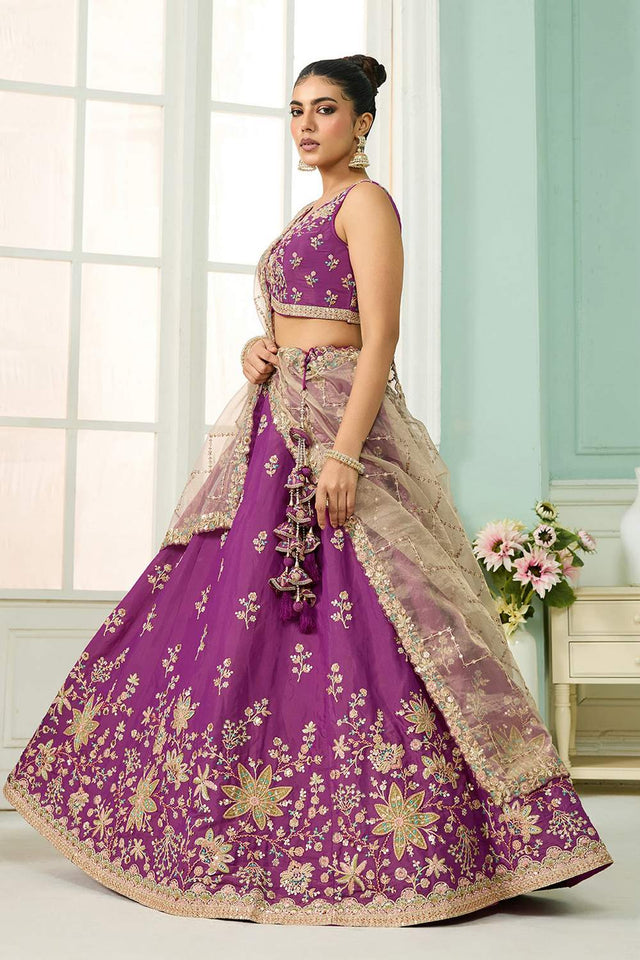 Purple Floral Embroidered Georgette Lehenga