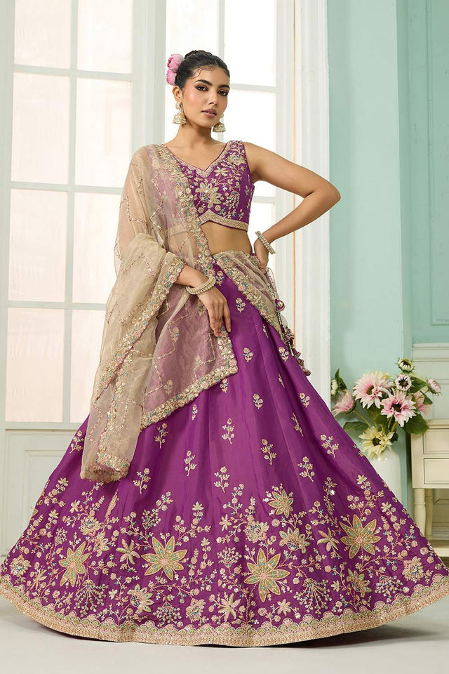 Purple Floral Embroidered Georgette Lehenga