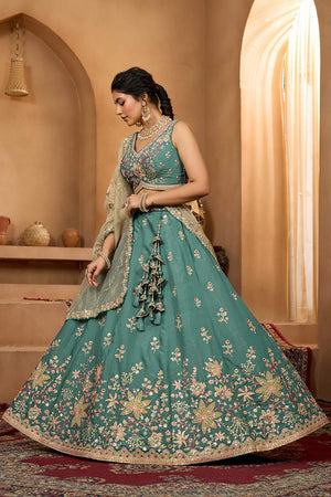 Green Floral Embroidered Georgette Lehenga