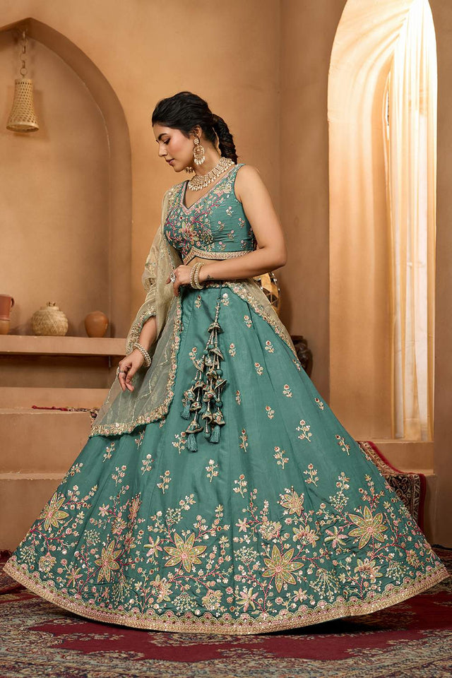 Green Floral Embroidered Georgette Lehenga