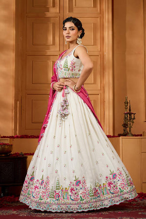 Cream Floral Embroidered Silk Lehenga (ACA2311)