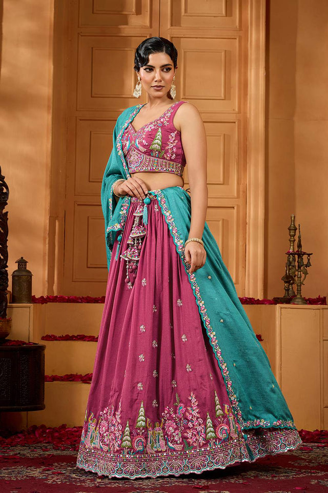 Multi-Color Floral Embroidered Silk Lehenga (ACA2312)