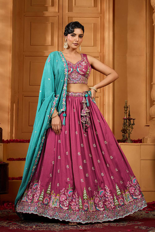 Multi-Color Floral Embroidered Silk Lehenga (ACA2312)