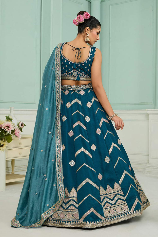 Turquoise Thread Work Silk Lehenga
