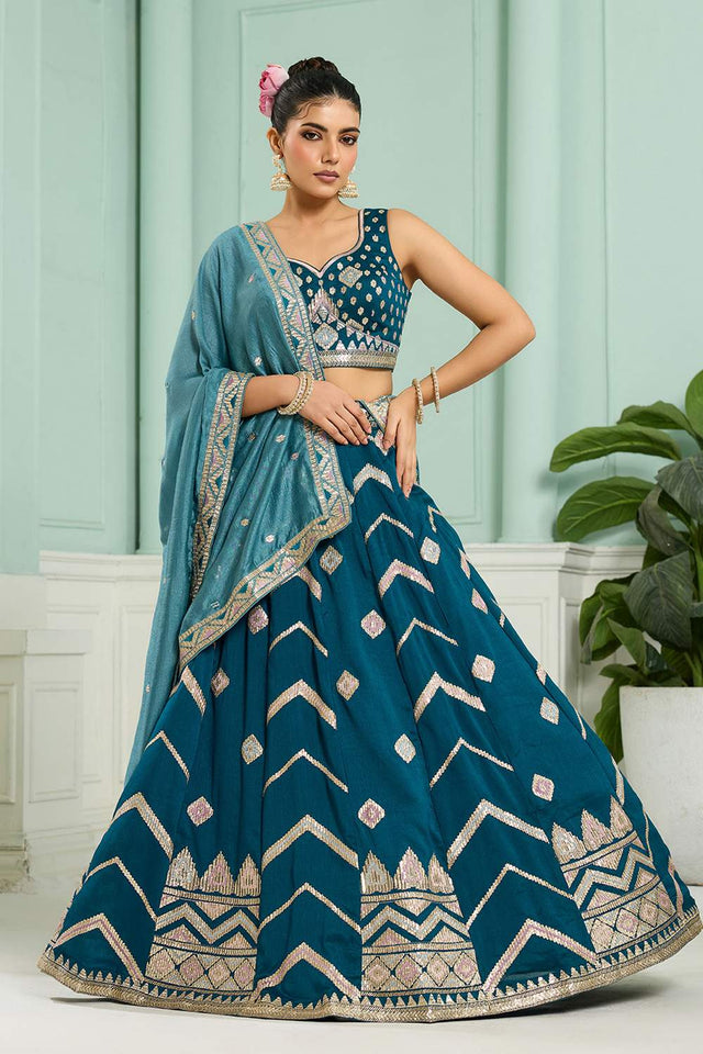 Turquoise Thread Work Silk Lehenga
