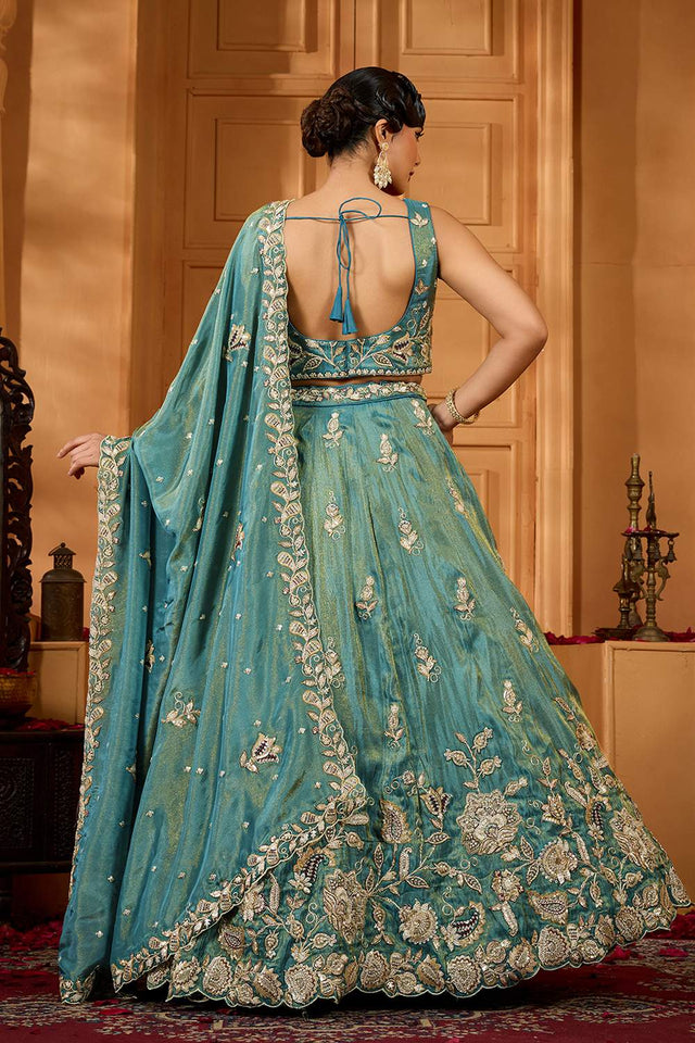 Green Floral Embroidered Tissue Lehenga (ACA2315)
