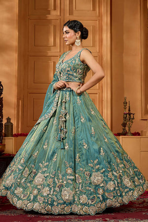 Green Floral Embroidered Tissue Lehenga (ACA2315)