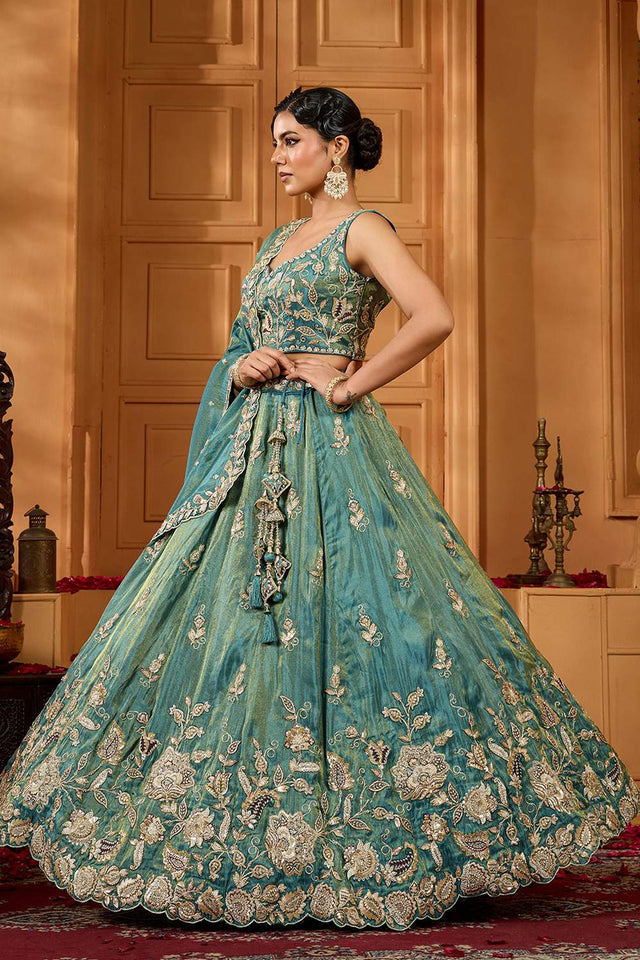 Green Floral Embroidered Tissue Lehenga (ACA2315)