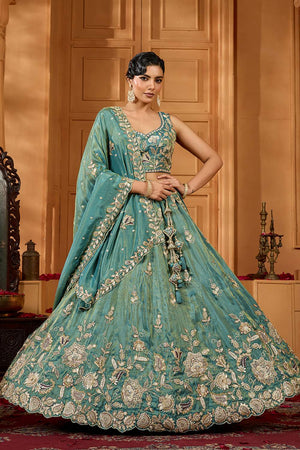 Green Floral Embroidered Tissue Lehenga (ACA2315)