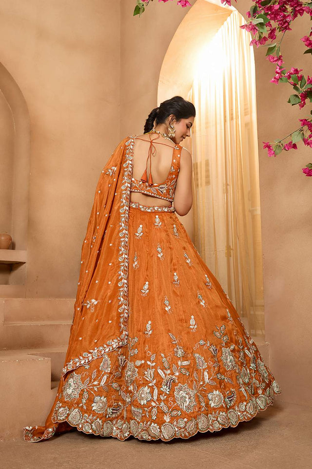 Orange Floral Embroidered Tissue Lehenga (ACA2316)