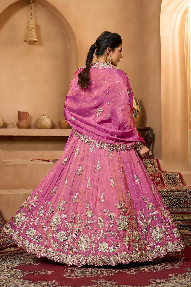 Pink Floral Embroidered Tissue Lehenga (ACA2317)