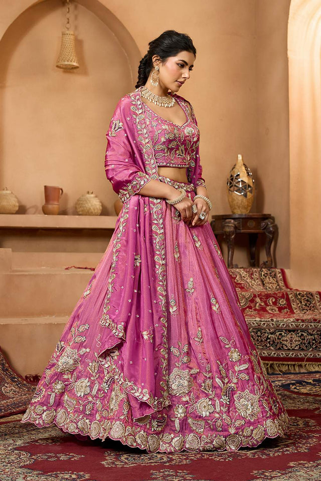 Pink Floral Embroidered Tissue Lehenga (ACA2317)