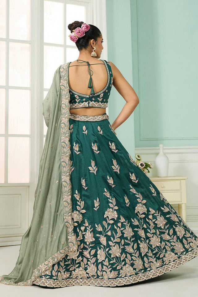 Turquoise Floral Embroidered Silk Lehenga