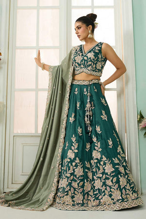 Turquoise Floral Embroidered Silk Lehenga