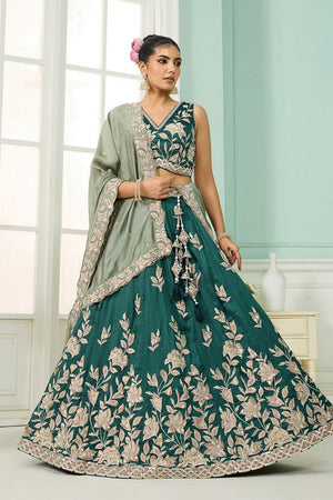 Turquoise Floral Embroidered Silk Lehenga