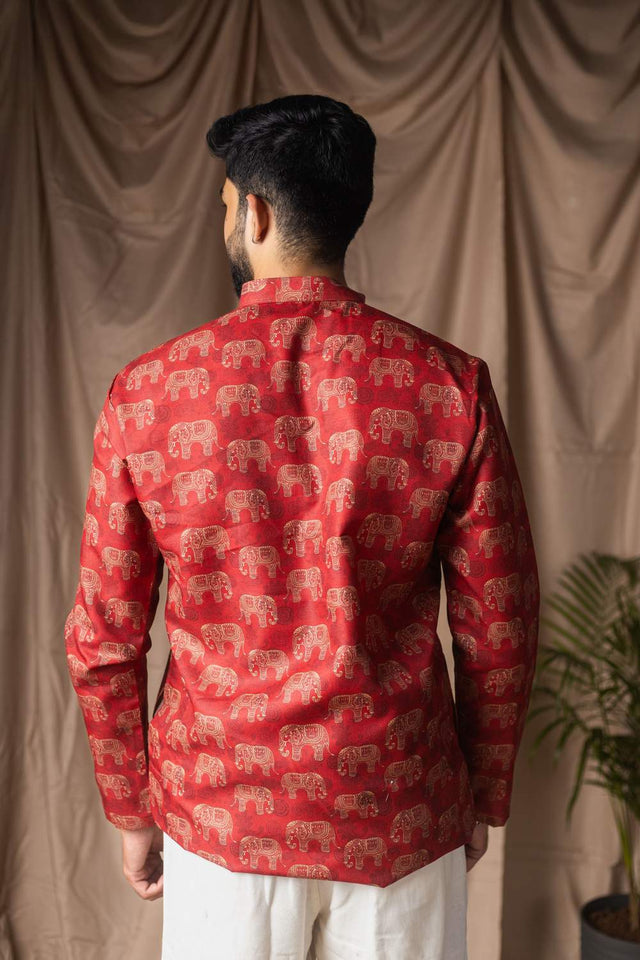 Red Printed Linen Men's Kurta Tops (ACA2323)