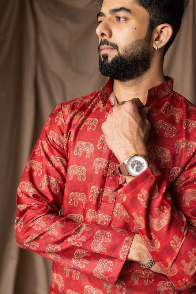 Red Printed Linen Men's Kurta Tops (ACA2323)