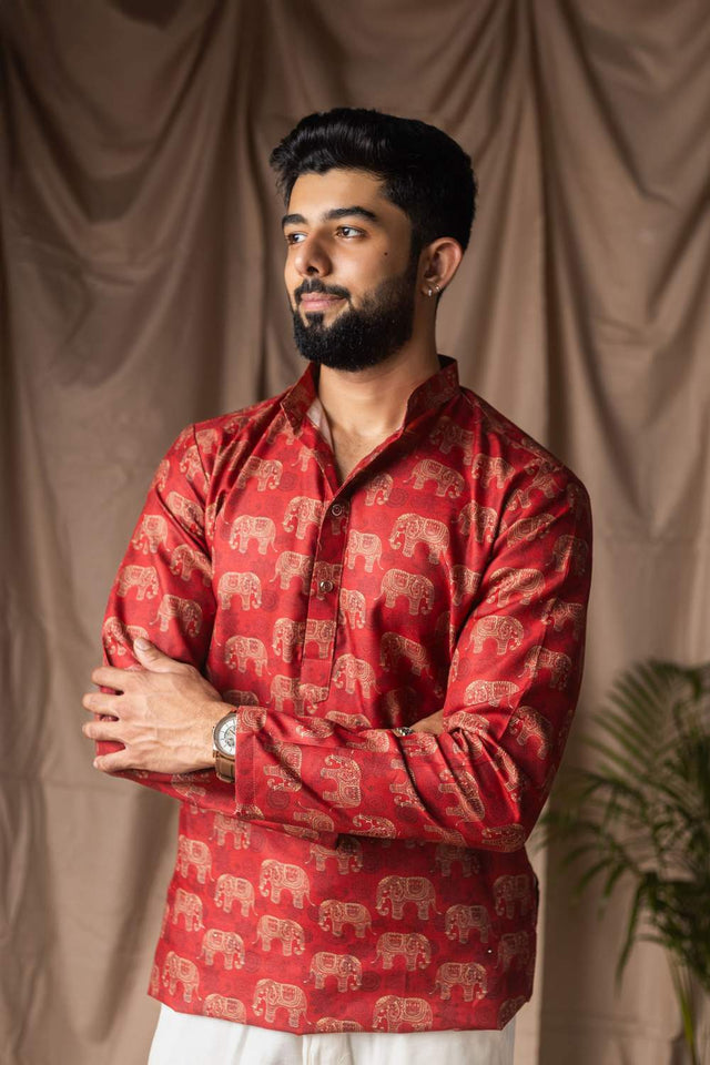 Red Printed Linen Men's Kurta Tops (ACA2323)
