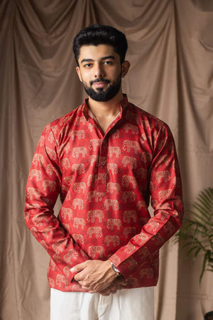 Red Printed Linen Men's Kurta Tops (ACA2323)