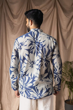 Blue Printed Linen Men's Kurta Tops (ACA2324)
