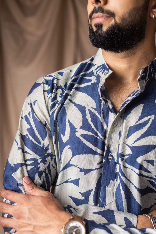 Blue Printed Linen Men's Kurta Tops (ACA2324)