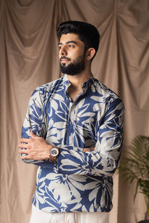 Blue Printed Linen Men's Kurta Tops (ACA2324)