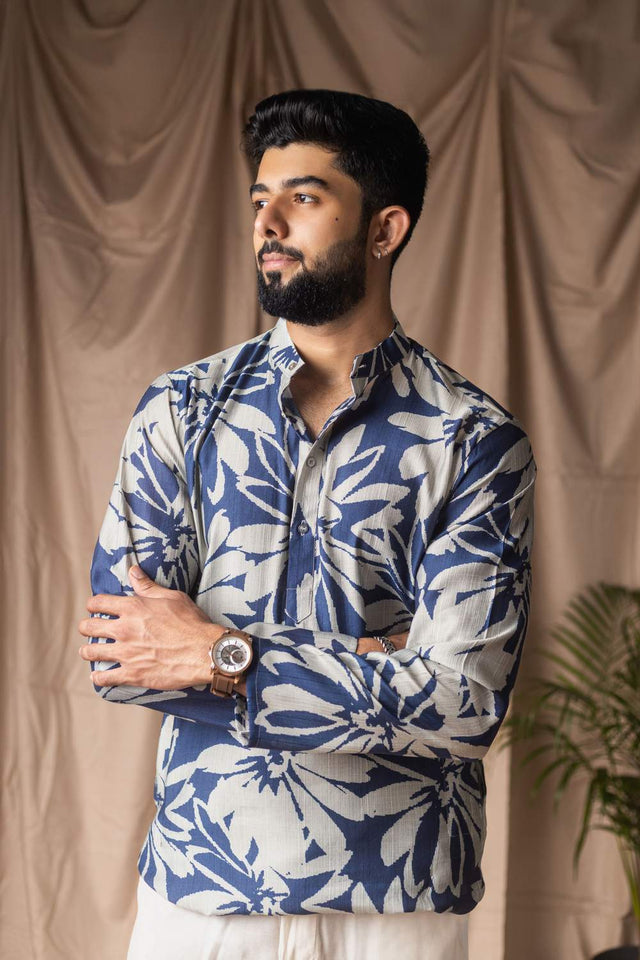 Blue Printed Linen Men's Kurta Tops (ACA2324)