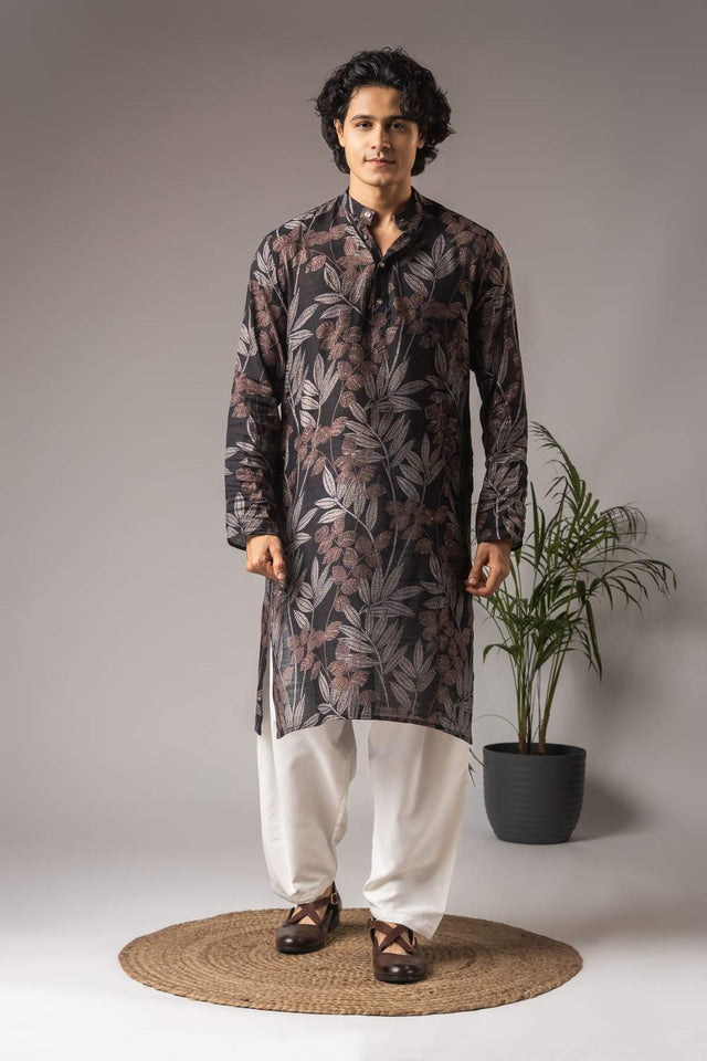Black Printed Modal Silk Men's Kurta Sets