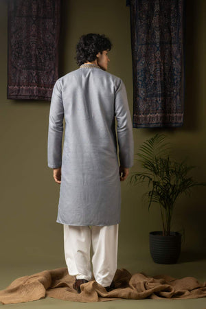Blue Embroidered Linen Men's Kurta Sets
