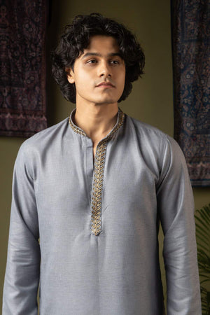 Blue Embroidered Linen Men's Kurta Sets