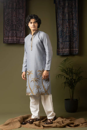 Blue Embroidered Linen Men's Kurta Sets