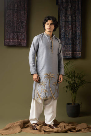 Blue Embroidered Linen Men's Kurta Sets