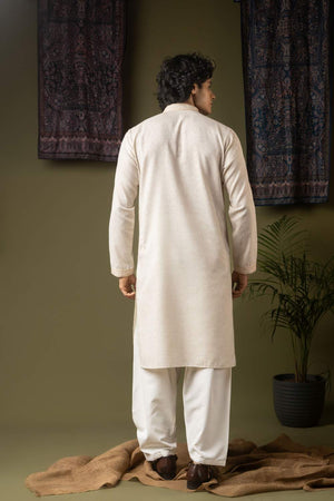 Off White Embroidered Linen Men's Kurta Sets