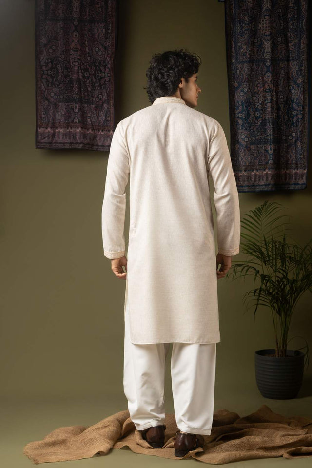 Off White Embroidered Linen Men's Kurta Sets