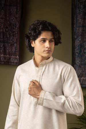 Off White Embroidered Linen Men's Kurta Sets