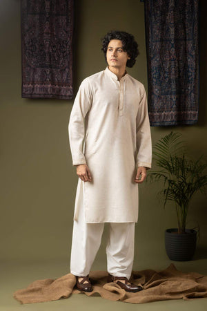 Off White Embroidered Linen Men's Kurta Sets